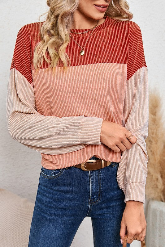 Ribbed Color Block Long Sleeve Corduroy Tunic Top