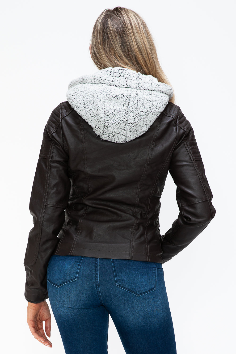 Chocolate Removable Faux Layered Multi-Pocket Jacket with Fuzzy Hood