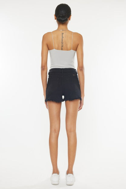 Frayed Hem High Rise Zip Fly Black Denim Shorts