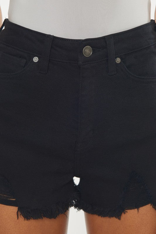 Frayed Hem High Rise Zip Fly Black Denim Shorts