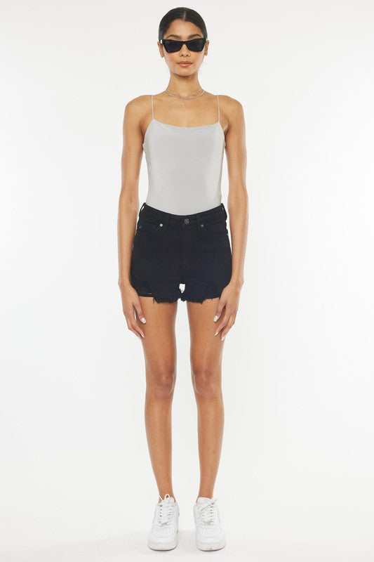 Frayed Hem High Rise Zip Fly Black Denim Shorts