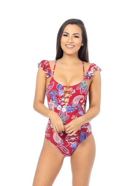 Red Paisley Criss-Cross One-Piece Swimsuit