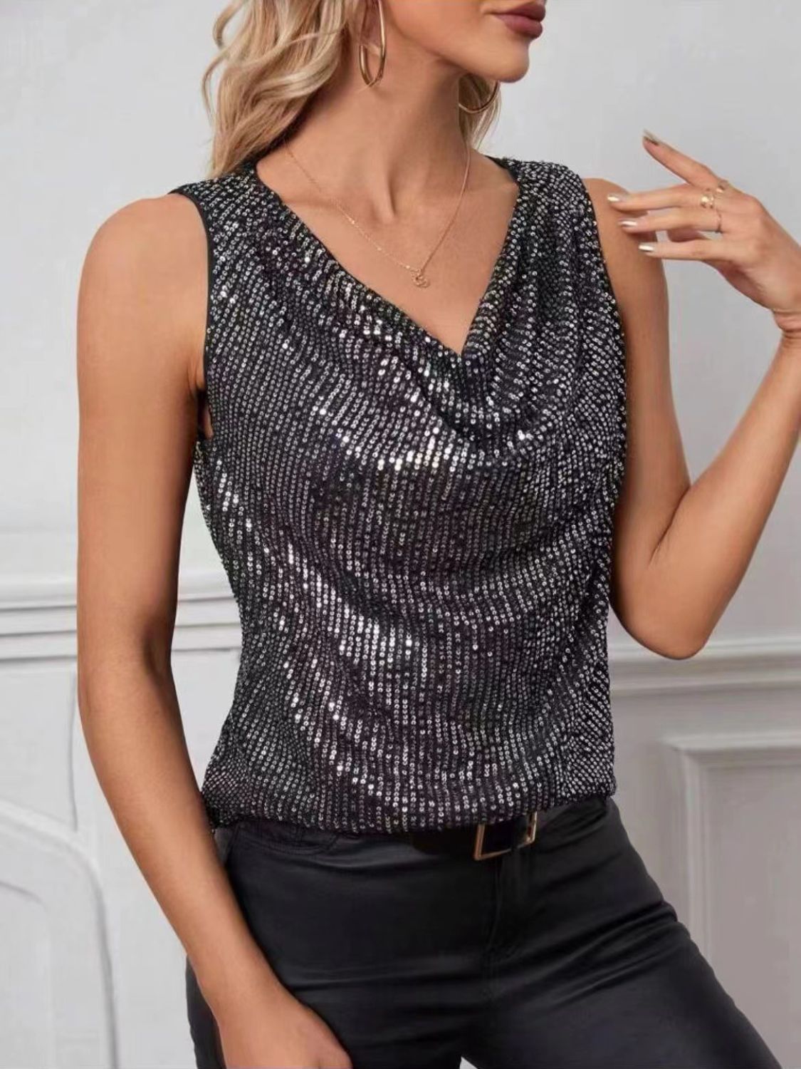 Sequin Cowl Neck Sleeveless Tank Top