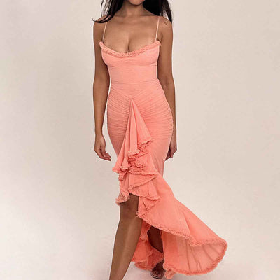 Spaghetti Strap Mesh Maxi Dress - Layered Irregular Hem