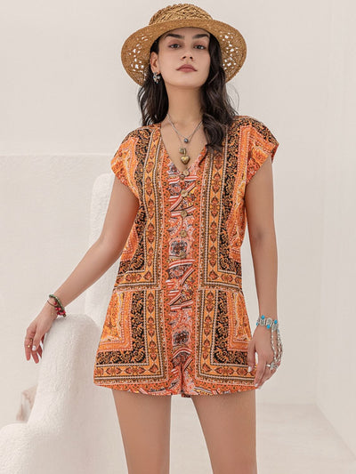 Boho Printed V-Neck Cap Sleeve Romper