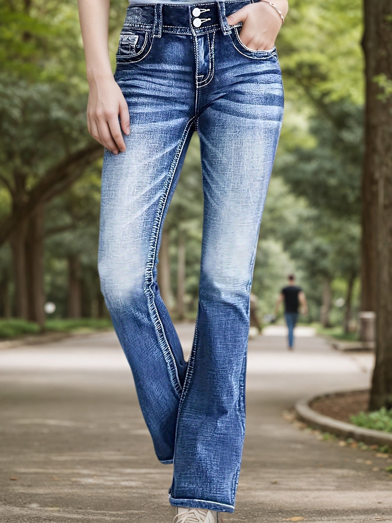 Stretch Denim Bell Bottom Jeans - Retro Embroidered Style - Fashions Envy