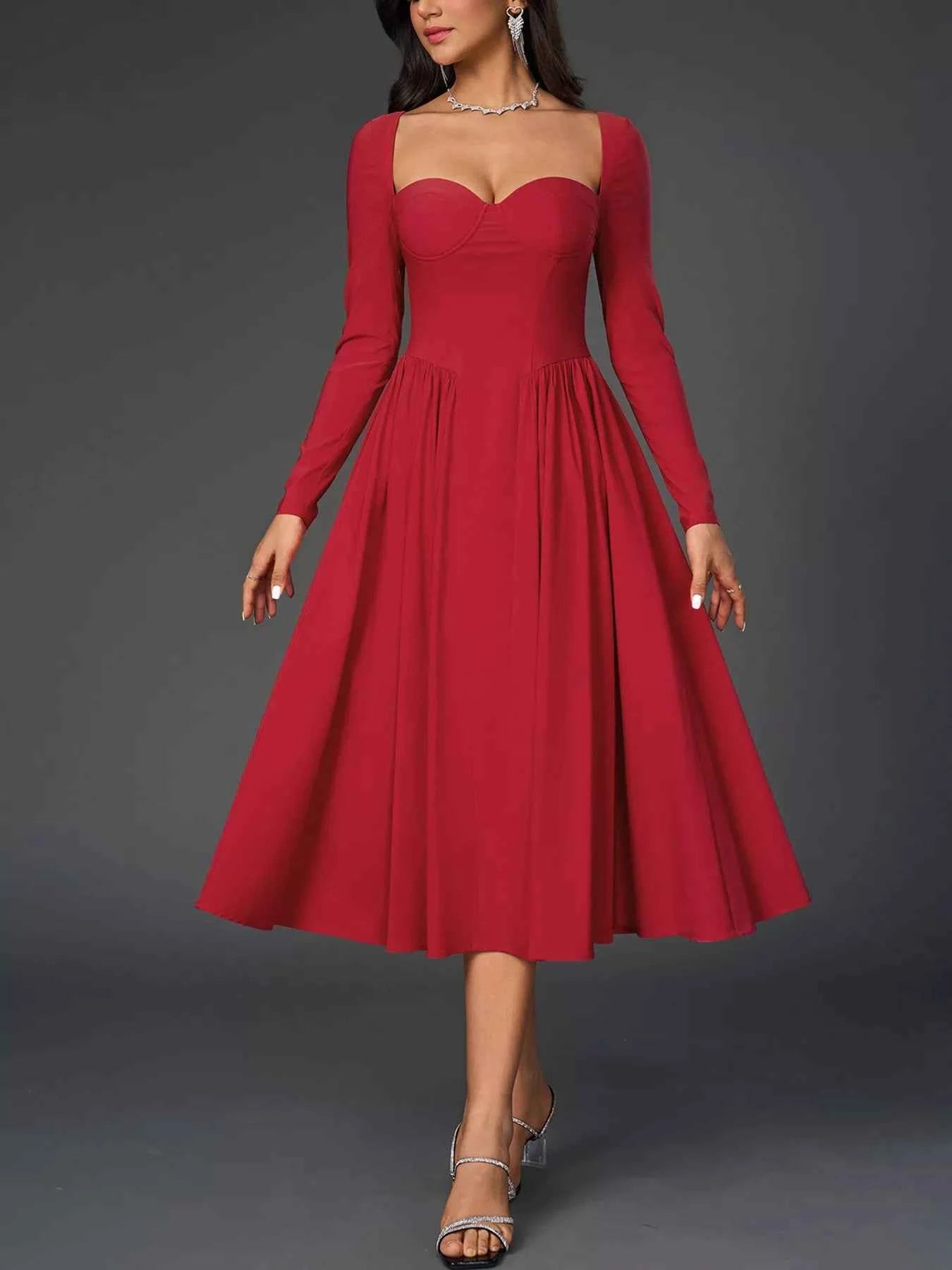Sweetheart Neckline Long Sleeve A-Line Midi Dress