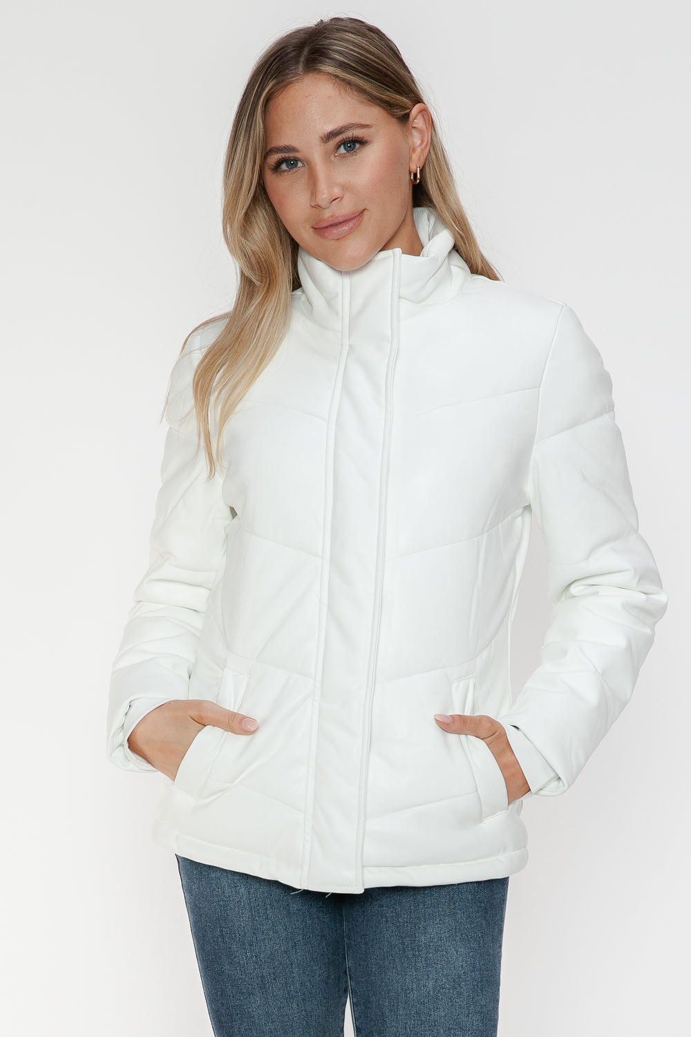 Pocketed Zip Up Turtleneck White Puffer Jacket