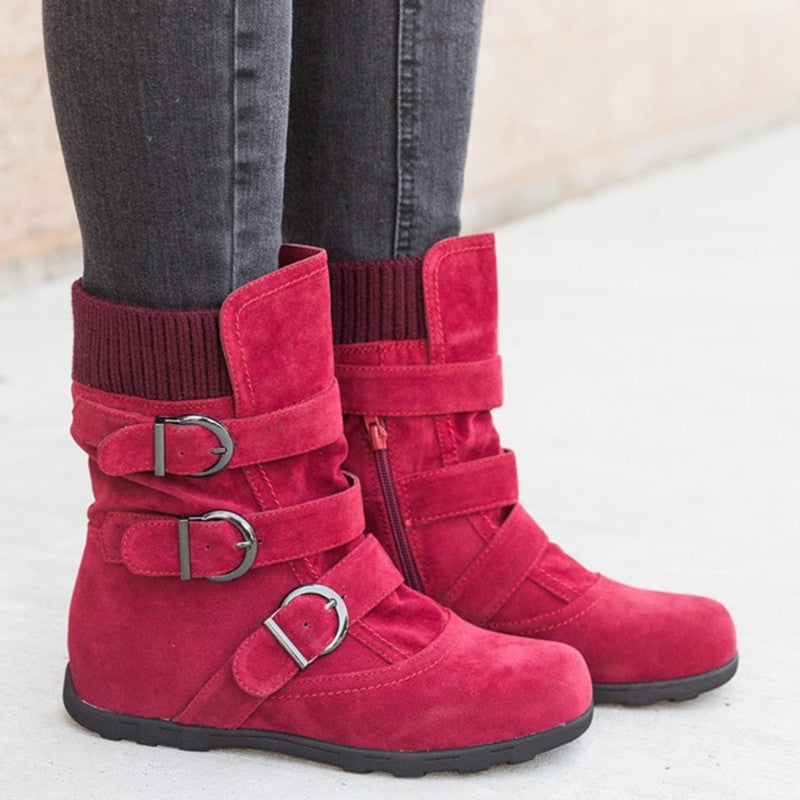 Women's Casual Winter Boots - Strap Buckle Design - Fashions Envy