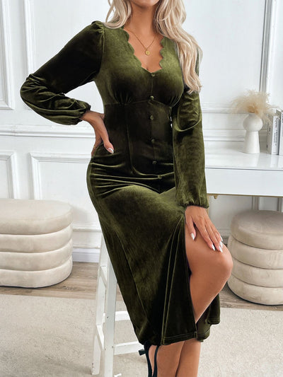 V-Neck Midi Dress - Slit Detail Long Sleeve Style