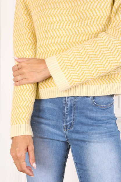 Herringbone Pattern Crew Neck Long Sleeve Sweater