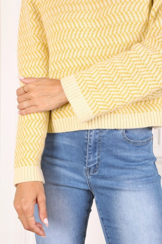 Herringbone Pattern Crew Neck Long Sleeve Sweater