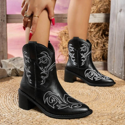 Point Toe Block Heels Boots - Mid Heel Ankle Boots - Fashions Envy