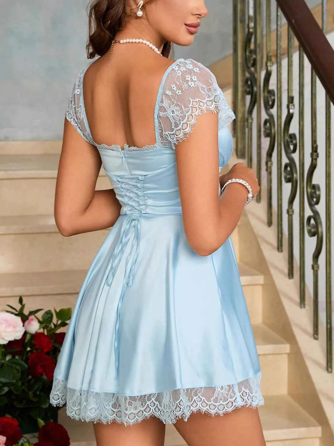 Lace Trim Square Neck Mini Dress