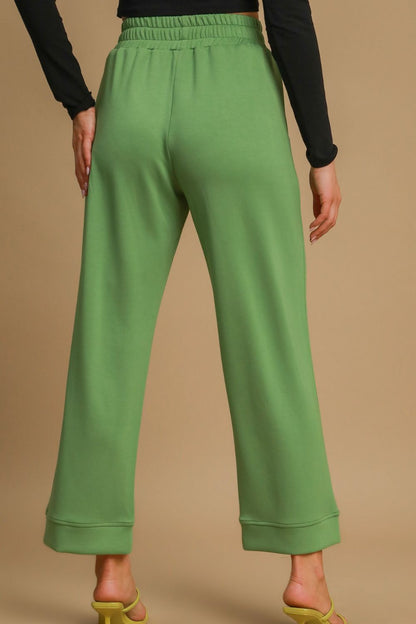 Green Drawstring Wide Leg Pants with Pockets