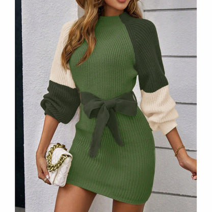 Color Block Sweater Dress - Midi Bodycon with Tie Waist