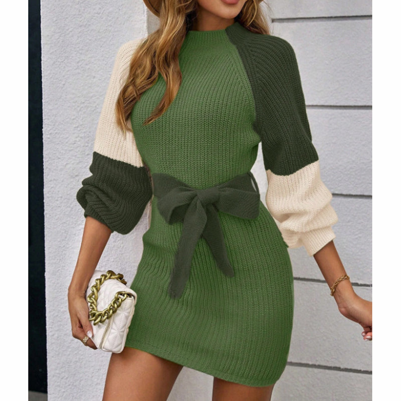 Color Block Sweater Dress - Midi Bodycon with Tie Waist