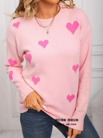 Valentine's Day Heart Print Round Neck Sweater - Fashions Envy