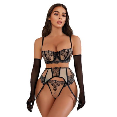 Floral Embroidery Mesh Lingerie Set - Sheer Patchwork - Fashions Envy