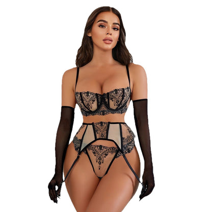 Floral Embroidery Mesh Lingerie Set - Sheer Patchwork - Fashions Envy
