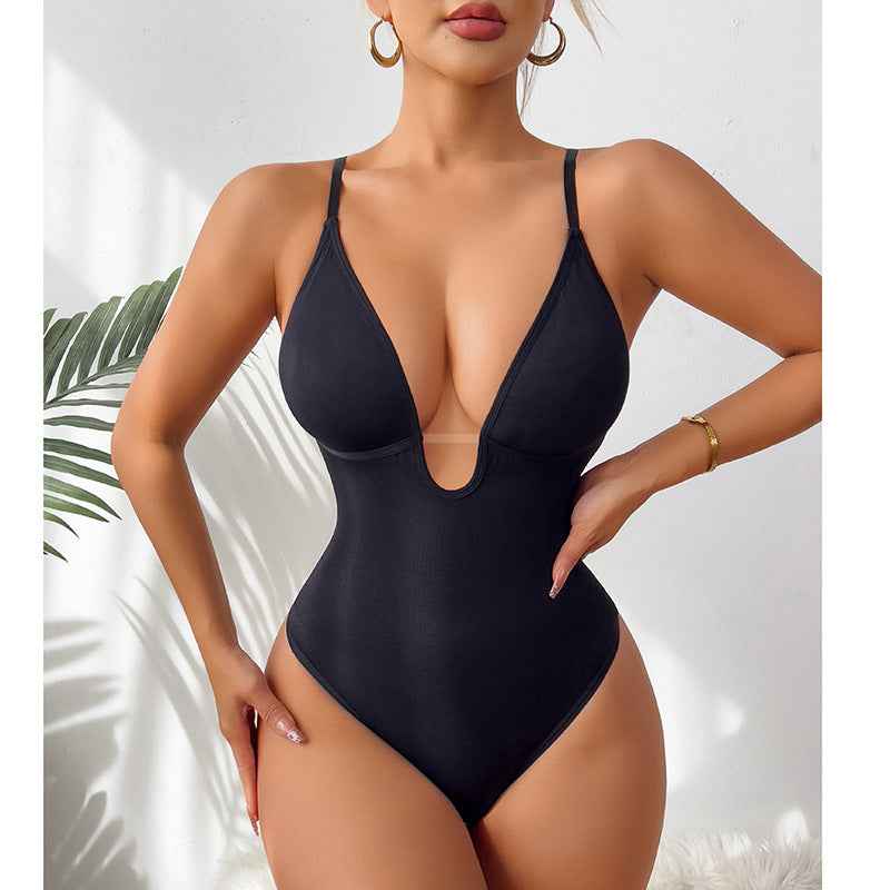 Deep V-Neck Thong Bodysuit - Tummy Control Shapewear