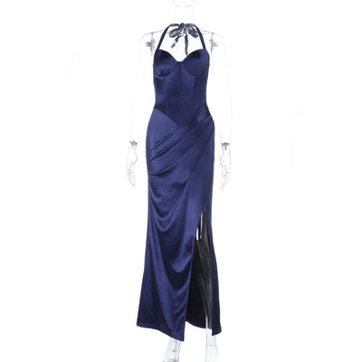 Satin Maxi Dress - Halter Neck Slit Dark Blue - Fashions Envy