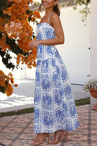 Printed Halter Maxi Dress - Tied Neck Flowy Vacation