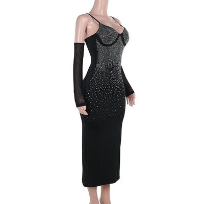 Bodycon Maxi Dress - Halter Diamond Embellished Slim Fit - Fashions Envy