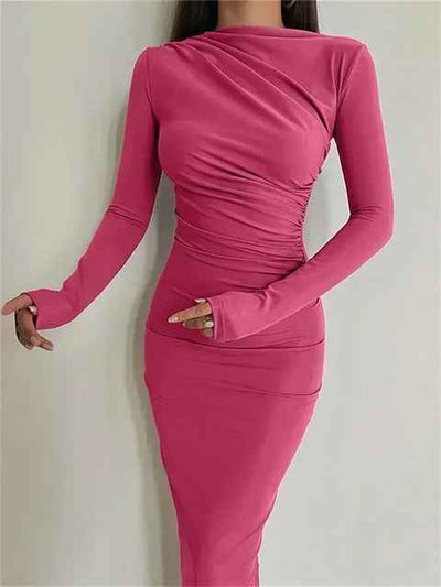 Pleated Maxi Dress - Bodycon Fitted Long Sleeve Elegant