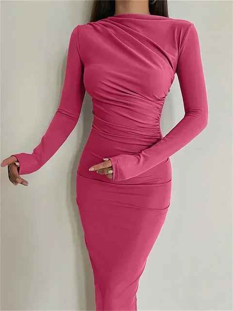 Pleated Maxi Dress - Bodycon Fitted Long Sleeve Elegant