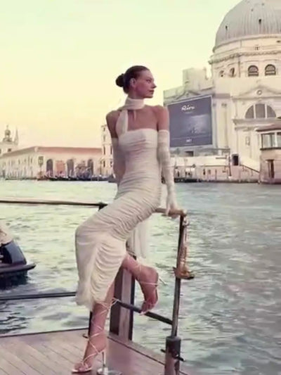 Sheer Mesh Backless Dress - White Halter Long Sleeve