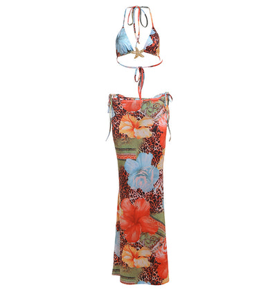 Three Piece Bikini Set - Tie Print Cover Up Beach - Fashions Envy