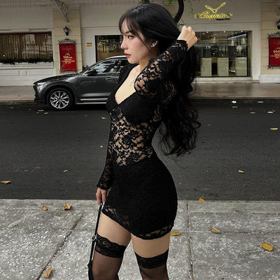 Black Lace Mini Dress - Sexy Sheer Splicing