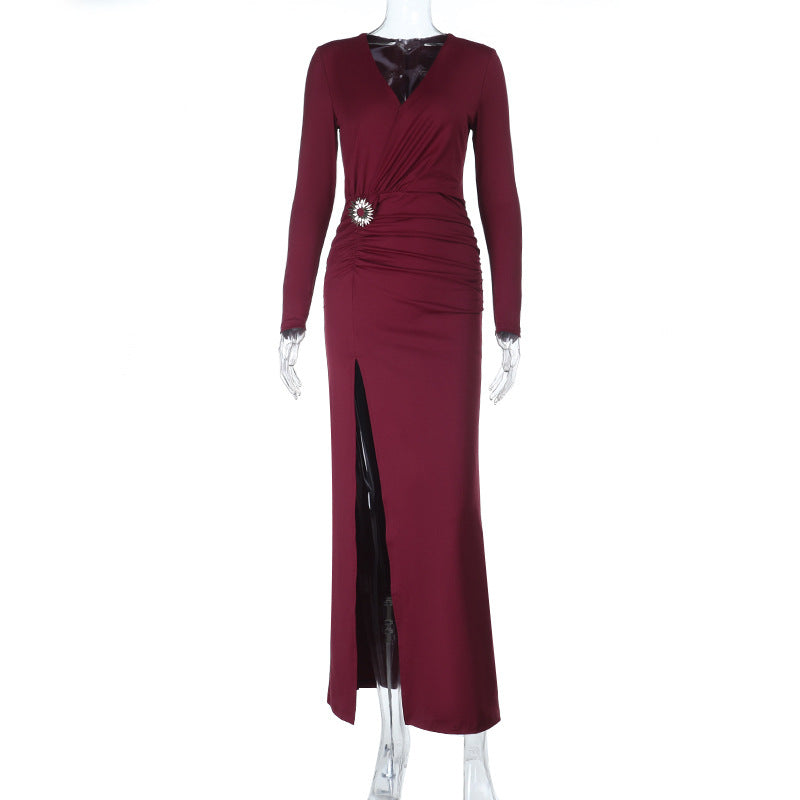 V Neck Maxi Dress - Long Sleeve Metal Buckle Slit - Fashions Envy