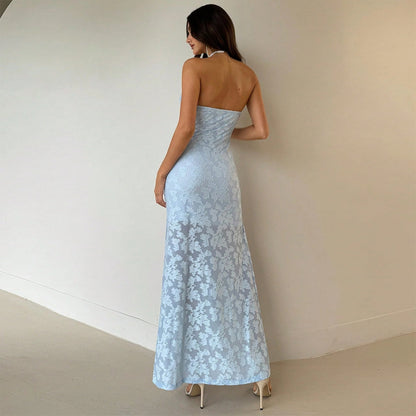 Strapless Backless Maxi Dress - Burnt Floral Blue - Fashions Envy
