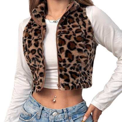 Leopard Print Crop Vest - Zip Front Fleece - Fashions Envy
