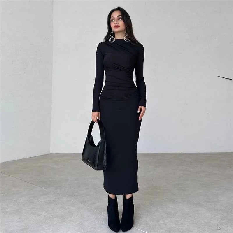 Pleated Maxi Dress - Bodycon Fitted Long Sleeve Elegant