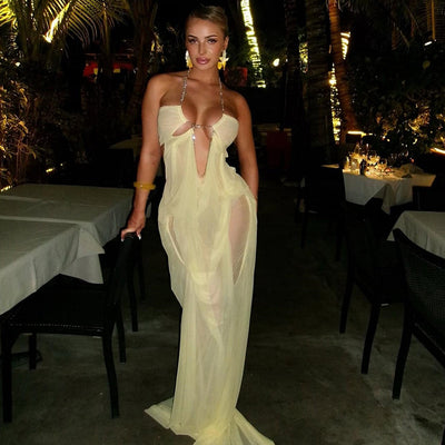Sleeveless Cut-out Maxi Dress - Mesh Sheer Low-Cut Halter