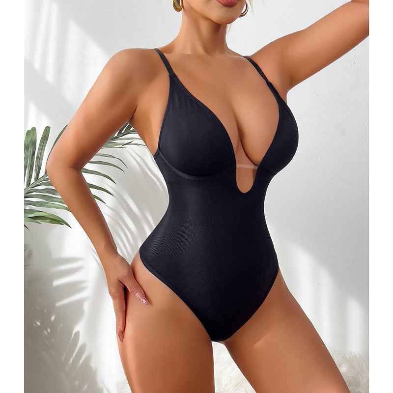Deep V-Neck Thong Bodysuit - Tummy Control Shapewear