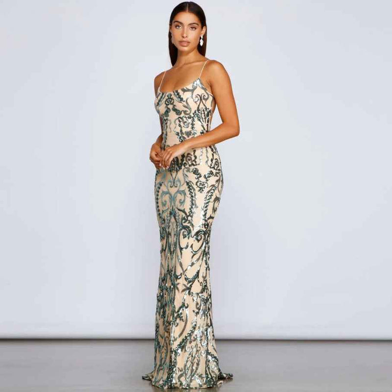 Green Sequin Maxi Dress - Emerald U-Neck Floor Length Gown
