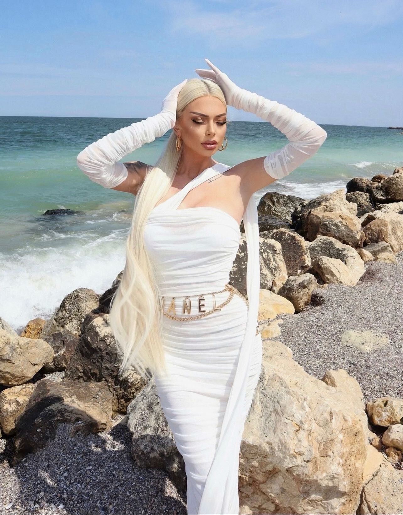 Sheer Mesh Backless Dress - White Halter Long Sleeve