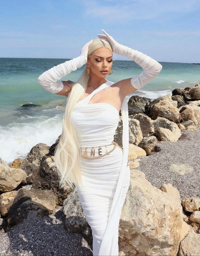 Sheer Mesh Backless Dress - White Halter Long Sleeve