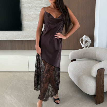 Lace Trim Camisole Dress - V-Neck Satin Maxi