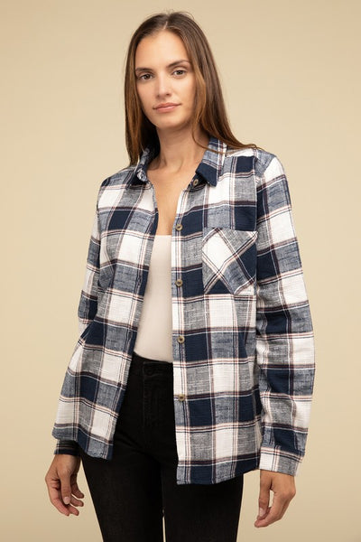 Cotton Plaid Shacket With Front Pocket - Fashions Envy