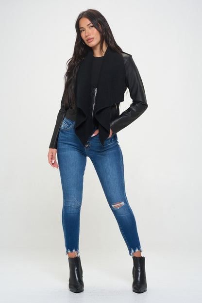 Black Knit Collared Faux Leather Crop Jacket