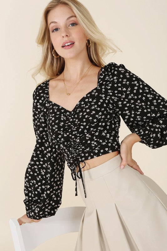 Ruched Floral Print Crop Top with Puff Sleeves