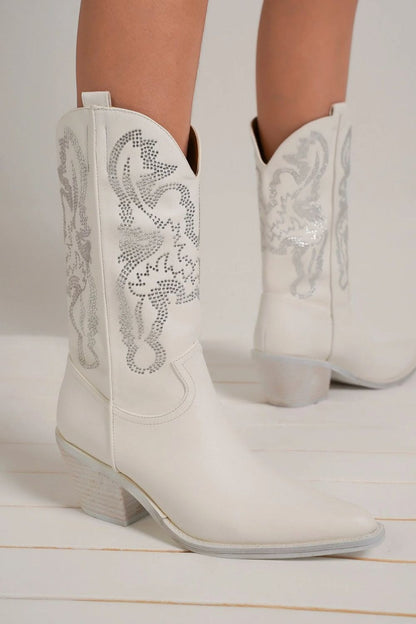 White Rhinestone Detail Point Toe Boots