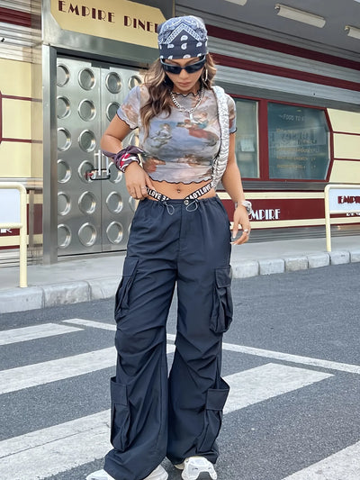 Abstract Print Ruffled Mock Neck Crop T-Shirt - Fashions Envy