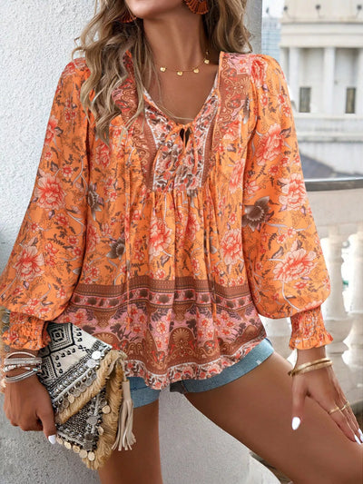 Bohemian Blouse - Floral Print Tie Neck - Fashions Envy