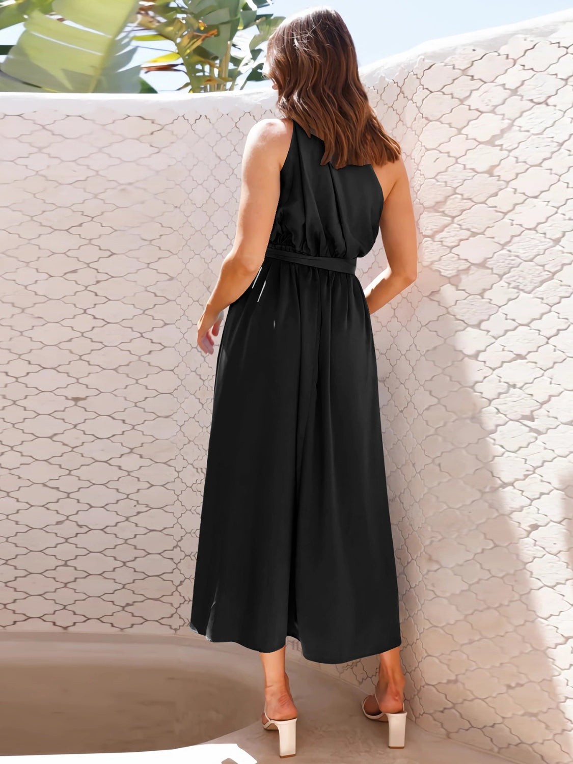 Ruched Single Shoulder Belted Midi Dress